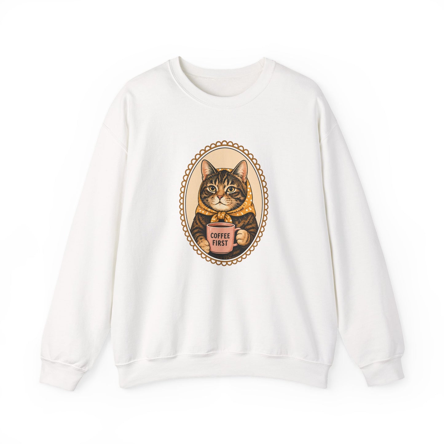 Babushka Cat Coffee First Unisex Heavy Blend™ Crewneck Sweatshirt