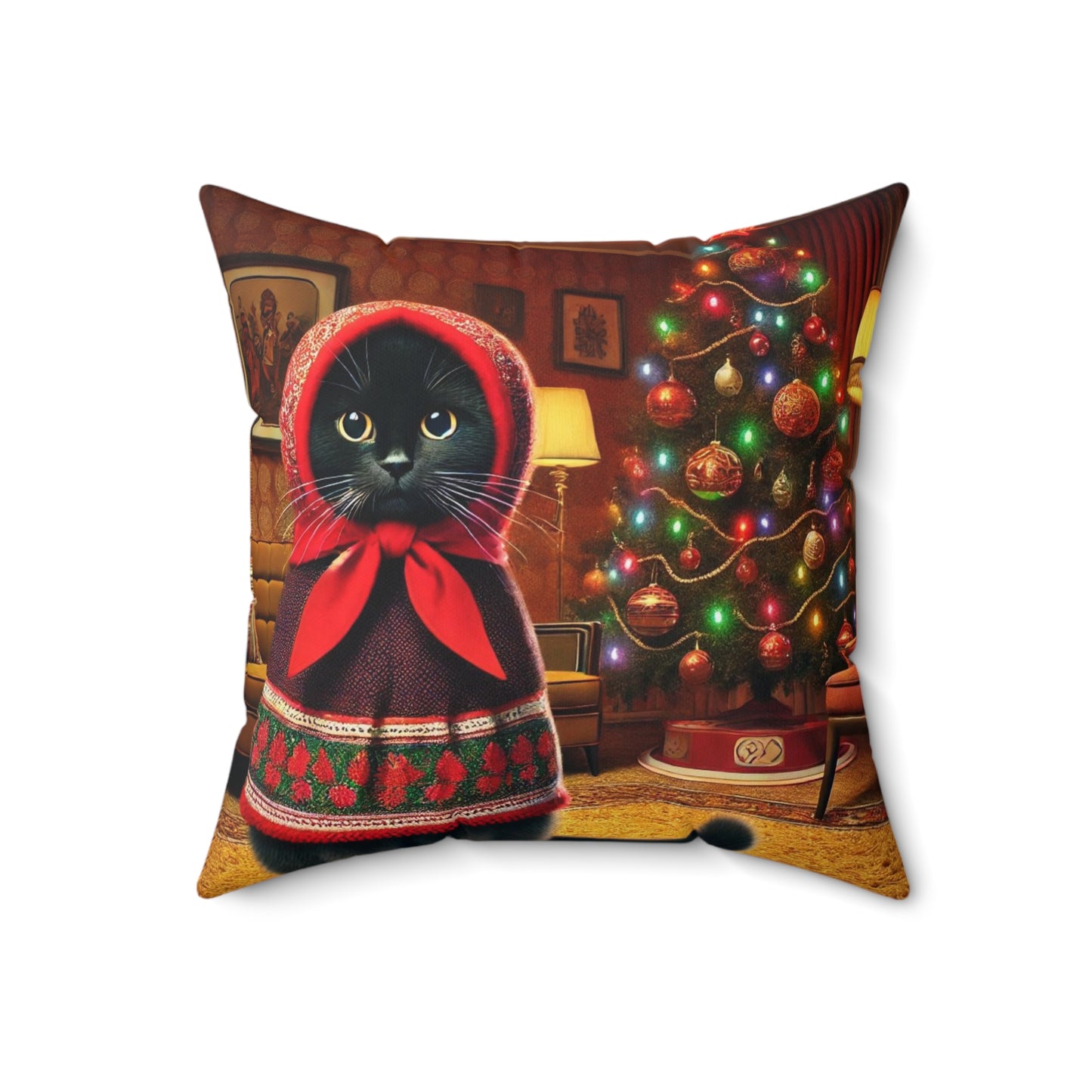 Black Babushka Cat Holiday Theme Polyester Square Pillow