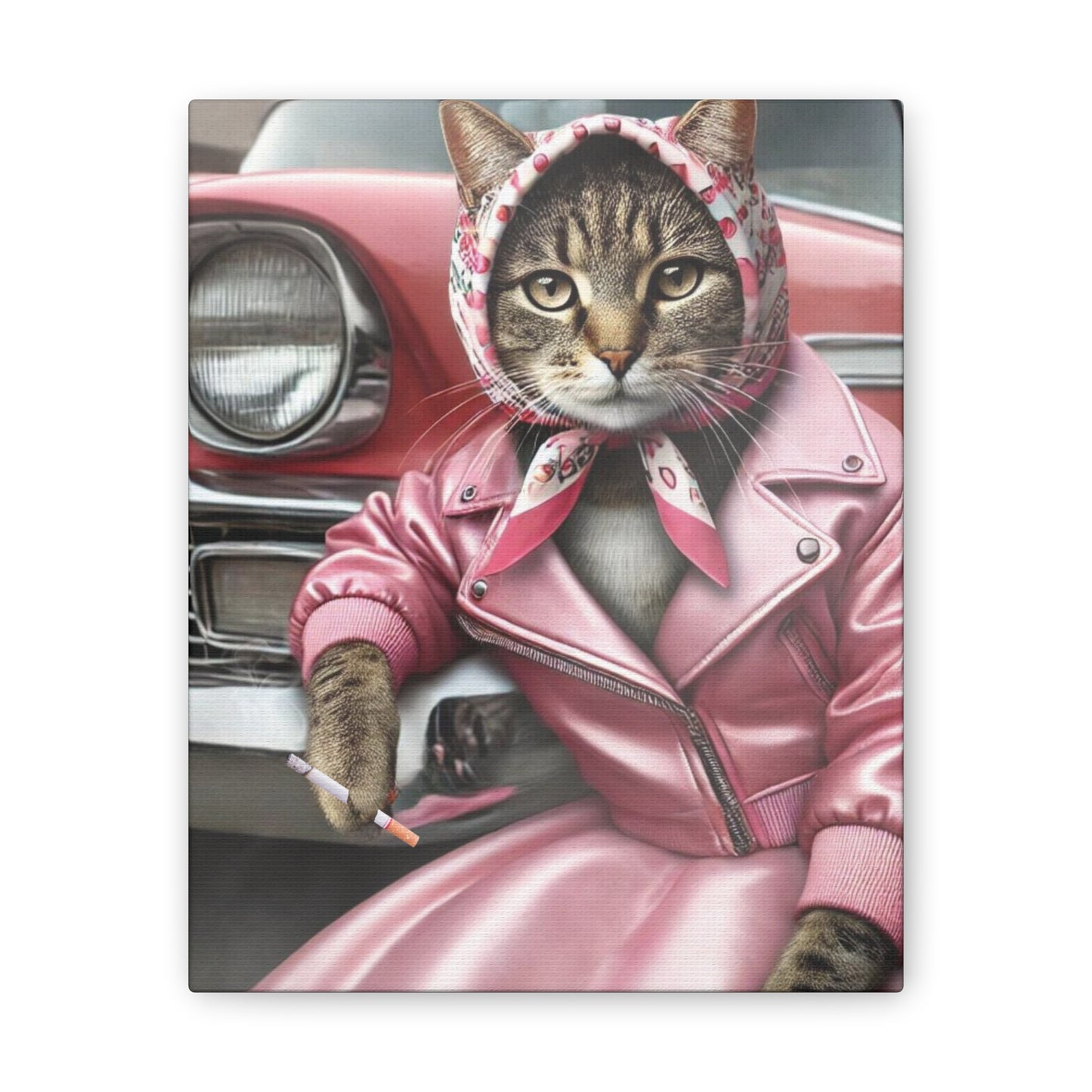 50's Cat, Pink Lady,  Babushka Cat Kitschy Cat Wall Art,  Canvas Wall Art, Nostalgic 50's Art