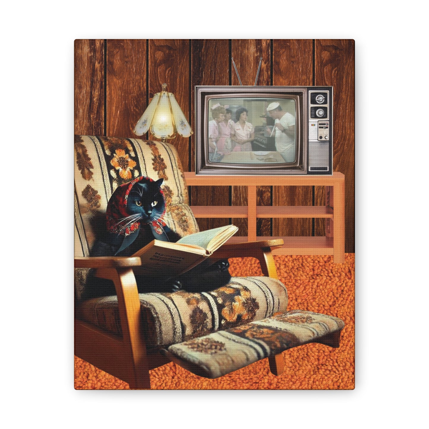 Reading Black Cat, 70's or 80's Living Room, Orange Shag Kitty Kitschy Cat Art