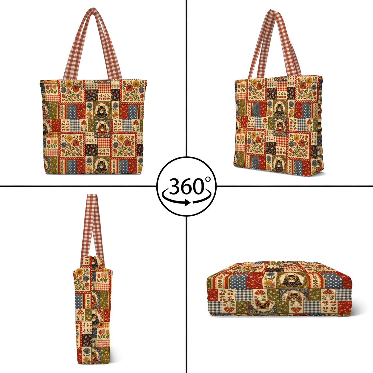 Babushka Cat Cottage Charm Quilted Tote Bag