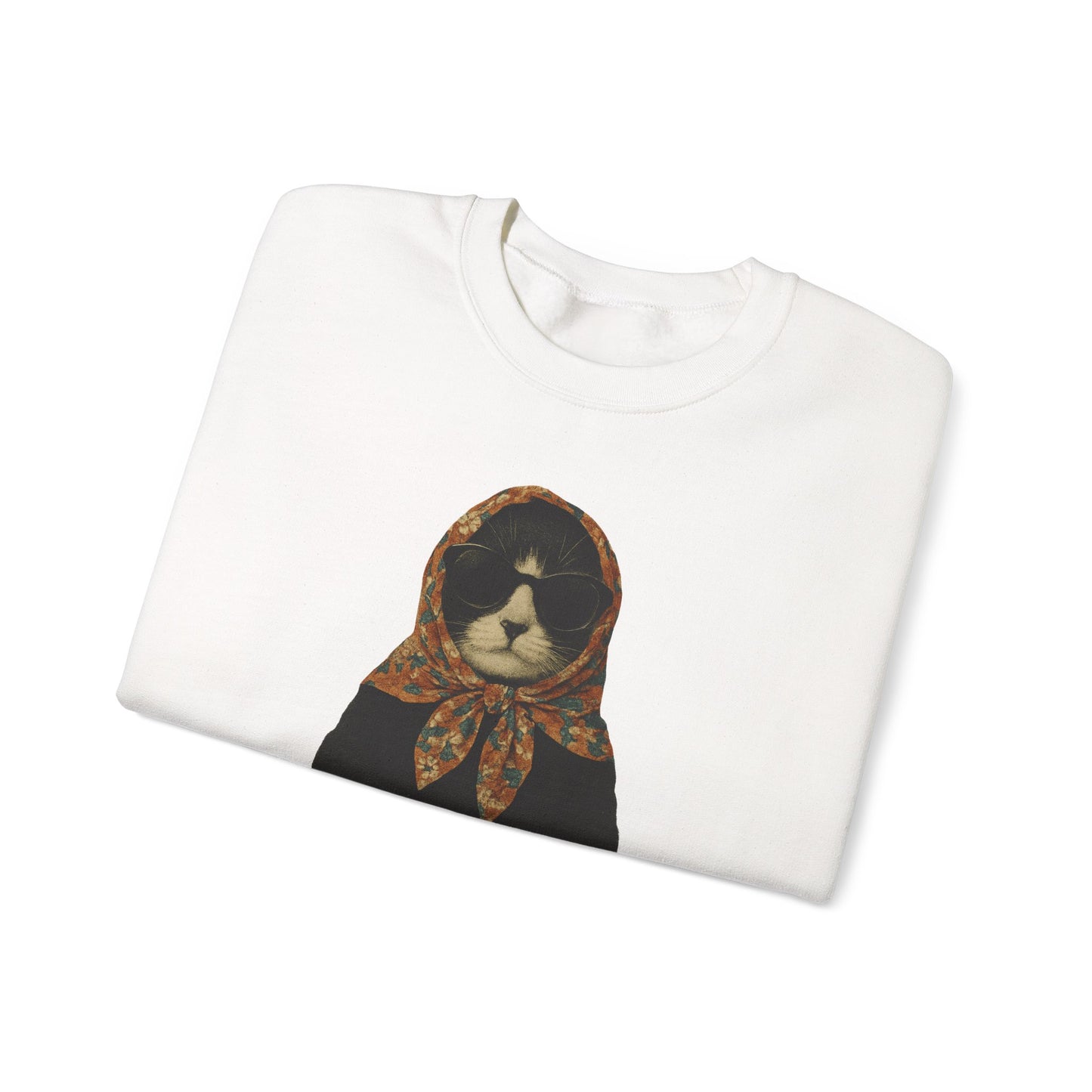 Babushka Cat, Tuxedo Cat Sweatshirt - Unisex Crewneck Pullover with Polish Cat Print