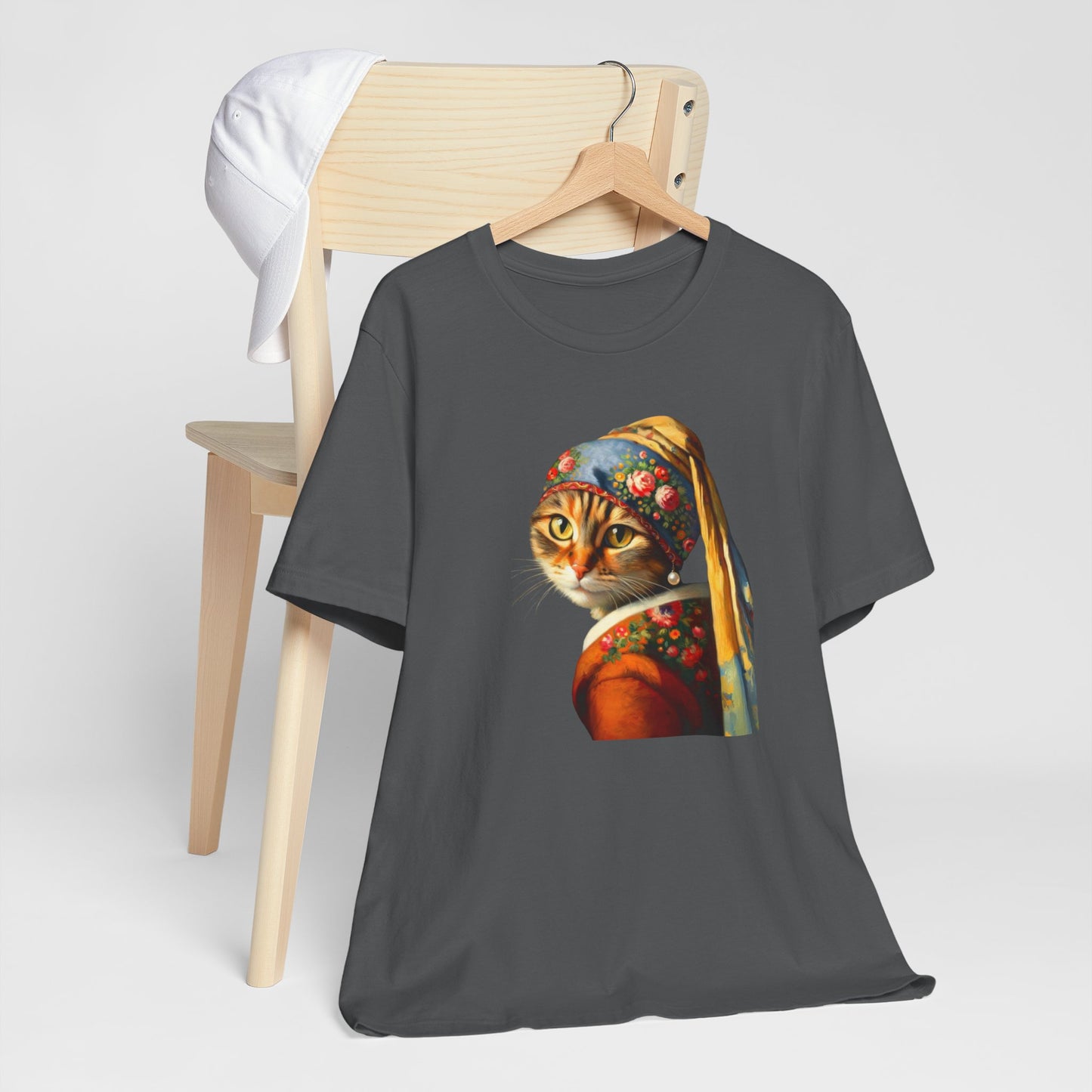 Babushka Cat With a Pearl Earring, Cat Art Parody Unisex Jersey Short Sleeve Tee for Cat Lovers