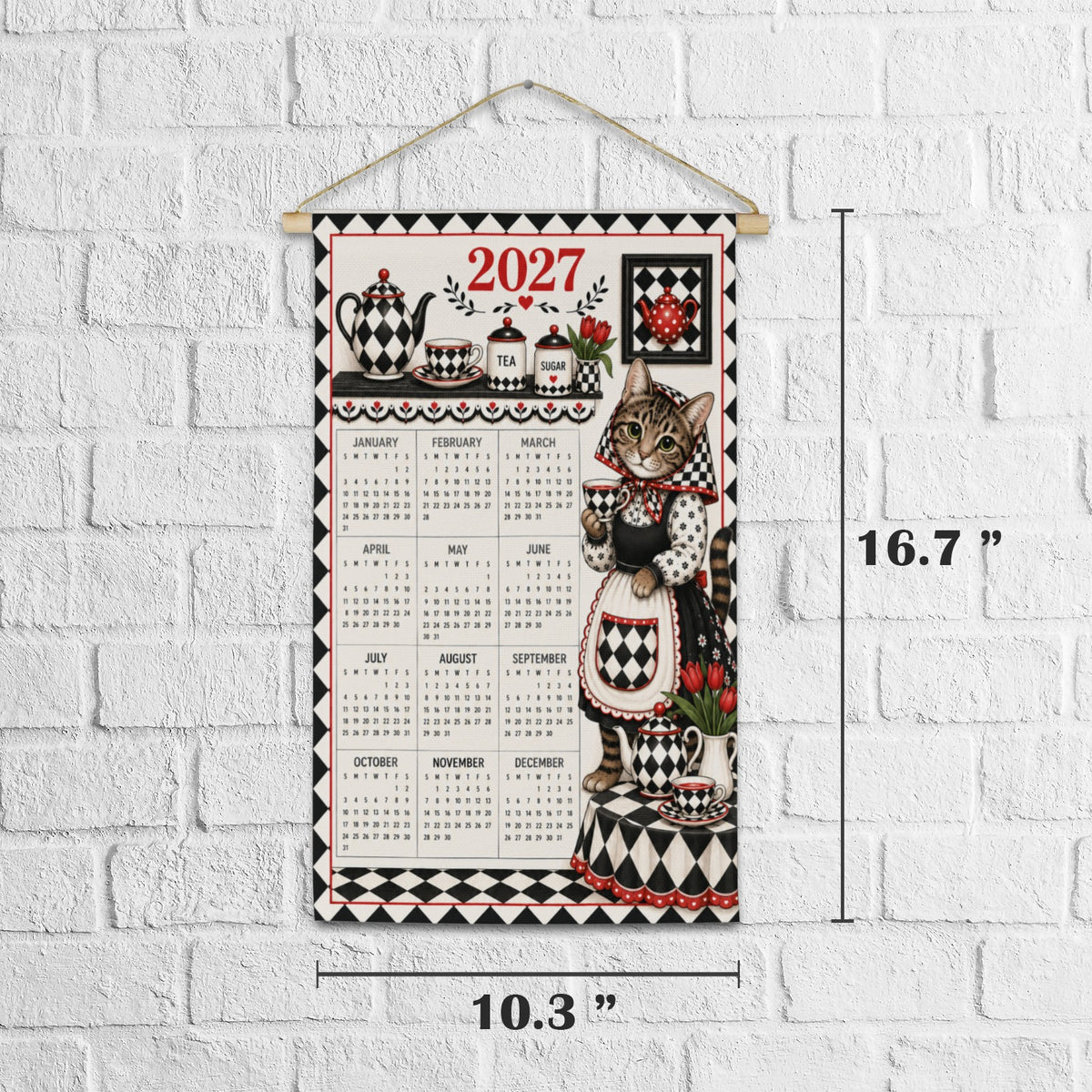 Babushka Cat Goes Harlequin Old Timey Style Wall Calendar