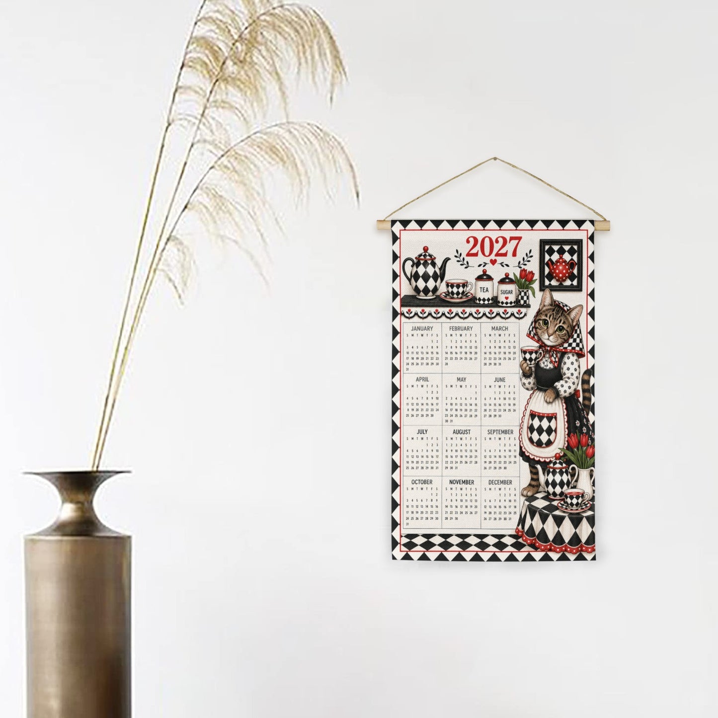 Babushka Cat Goes Harlequin Old Timey Style Wall Calendar