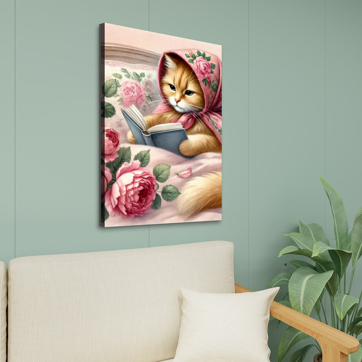 Babushka Cat Reads Kitschy Canvas Print Wall Art