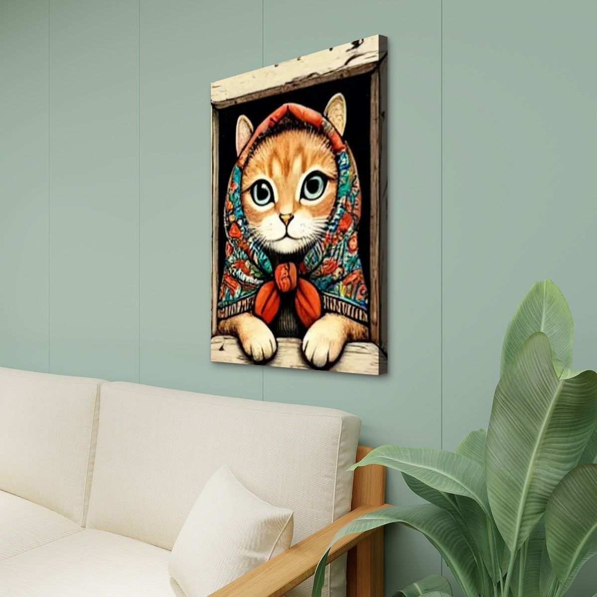 Babushka Cat Window Scene, Kitschy Canvas Print Wall Art