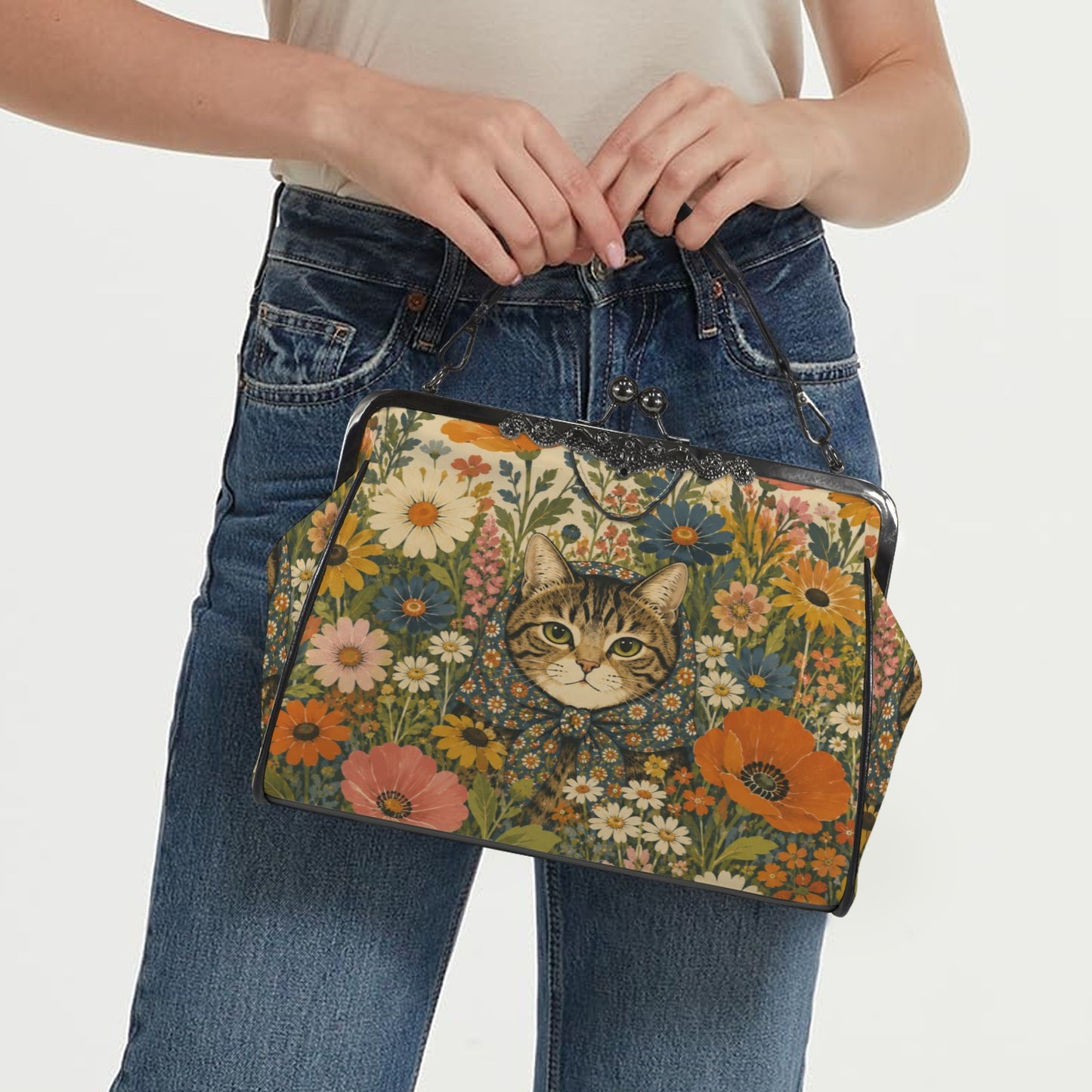 Babushka Cat Garden Peeper Kisslock Crossbody Shoulder Bag
