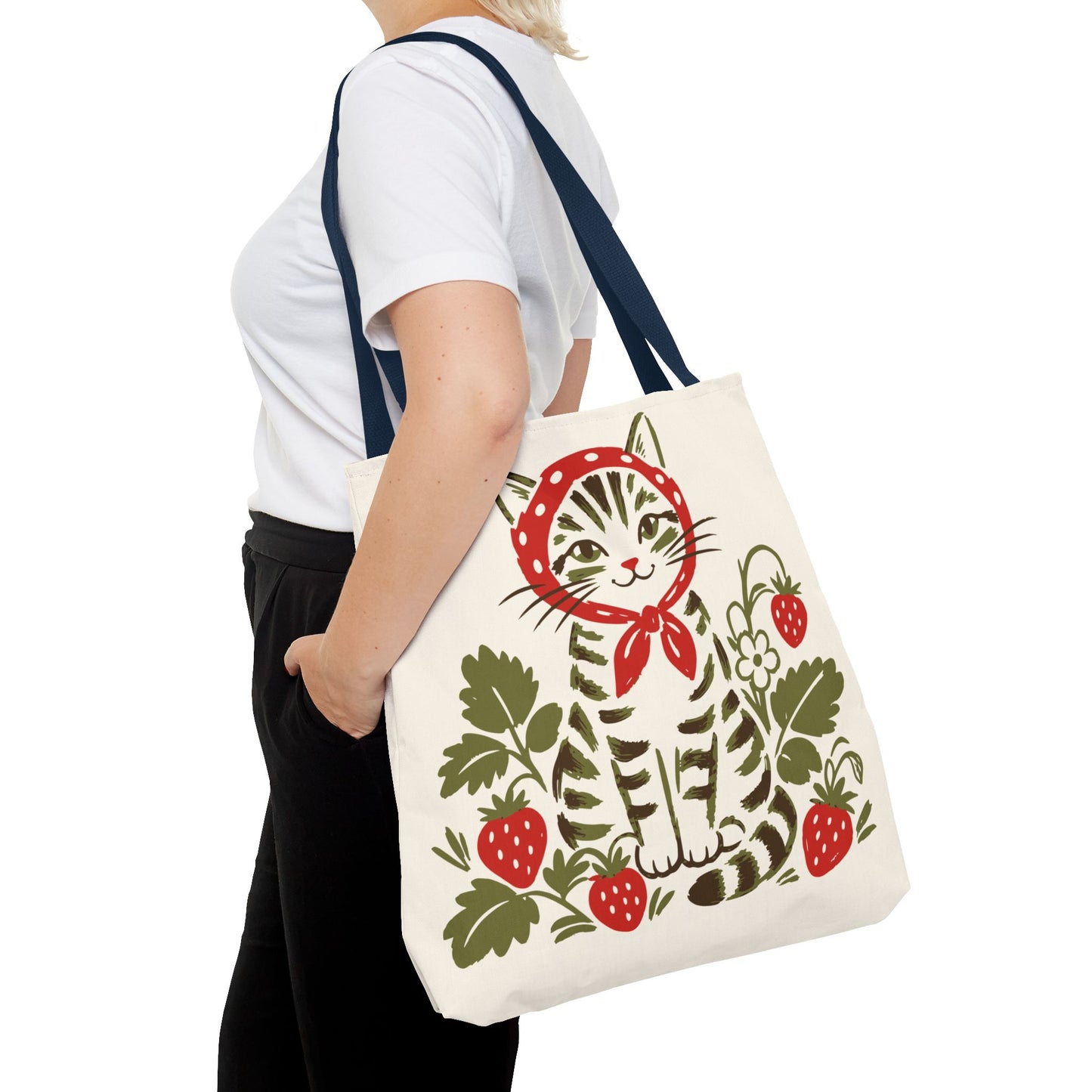 Babushka Cat Strawberry Patch Tabby Cat Tote Bag (AOP)