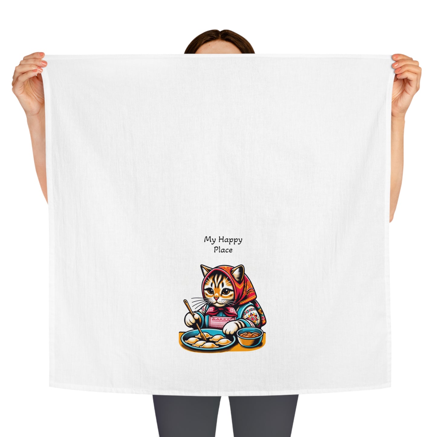 Babushka Pierogi Cat Kitschy Tea Towel