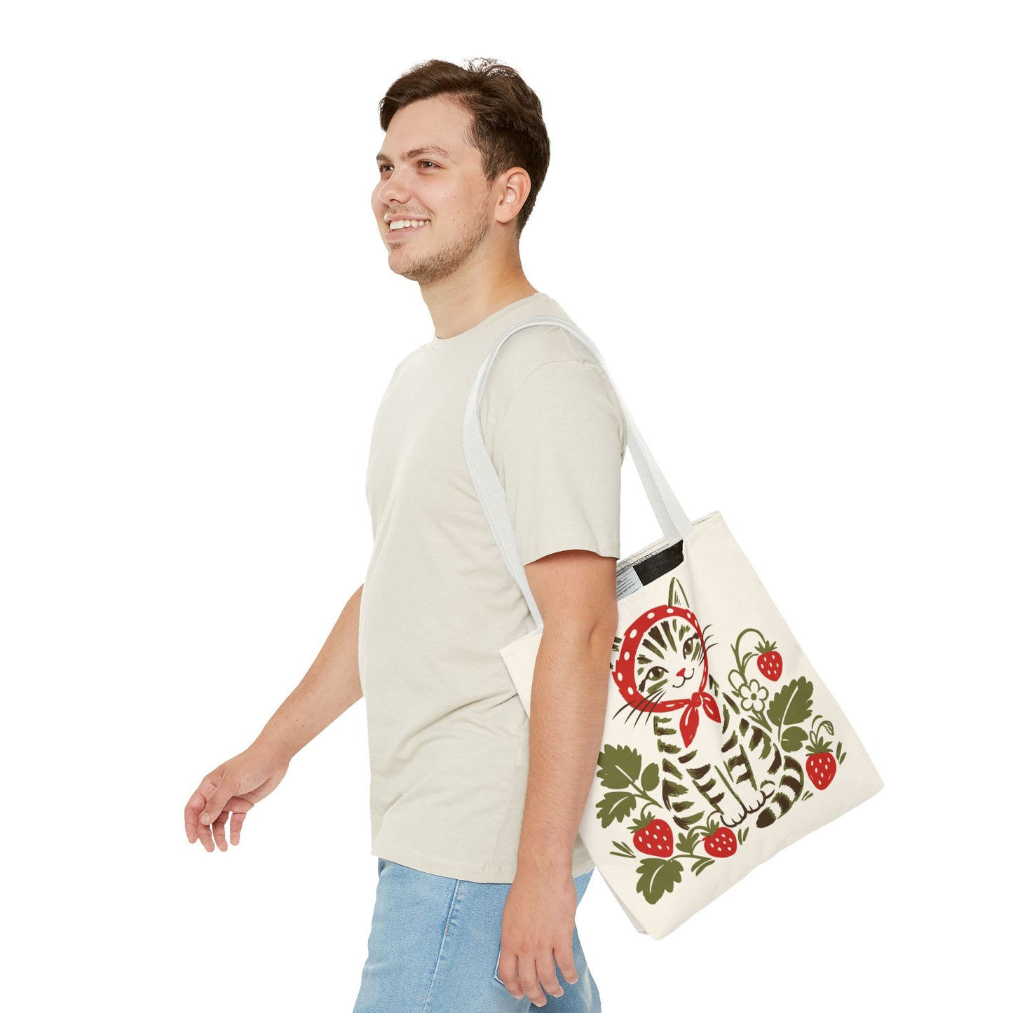 Babushka Cat Strawberry Patch Tabby Cat Tote Bag (AOP)