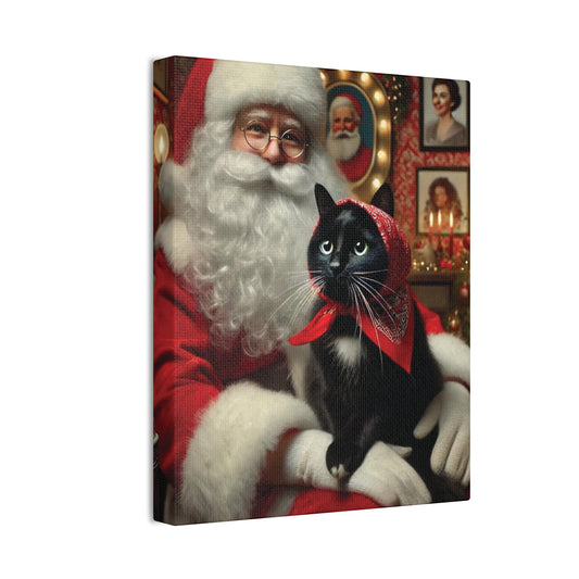 Christmas  Babushka Cat, Black Cat Art, Kitty and Santa  Kitschy Cat Wall Art,  Canvas Wall Art, Nostalgic Art