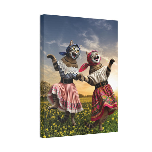 Babushka Cat Besties Dancing in Field, Kitschy Wall Art, Charming Cat Canvas Art