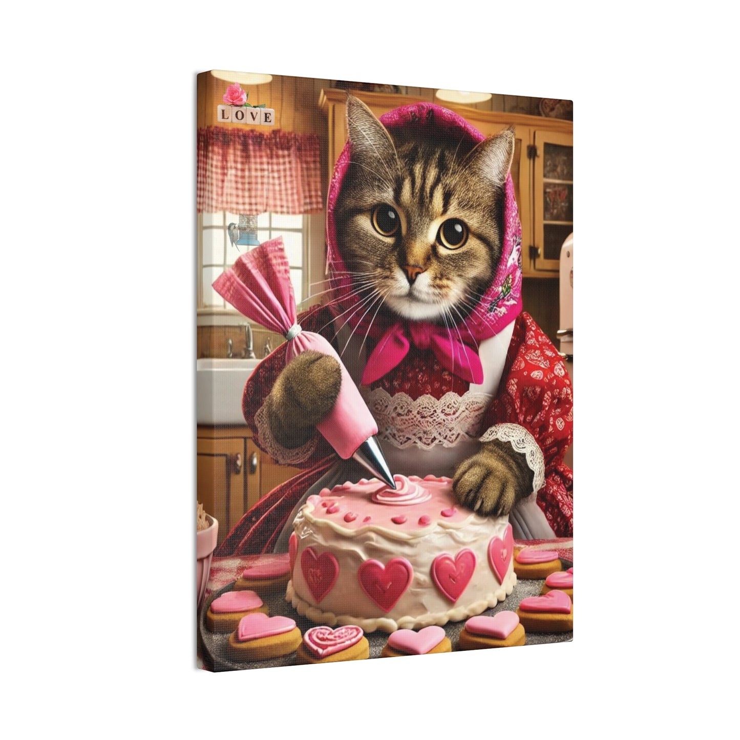 Babushka Cat Valentine Sweets Charming, Kitschy Wall Art, Canvas