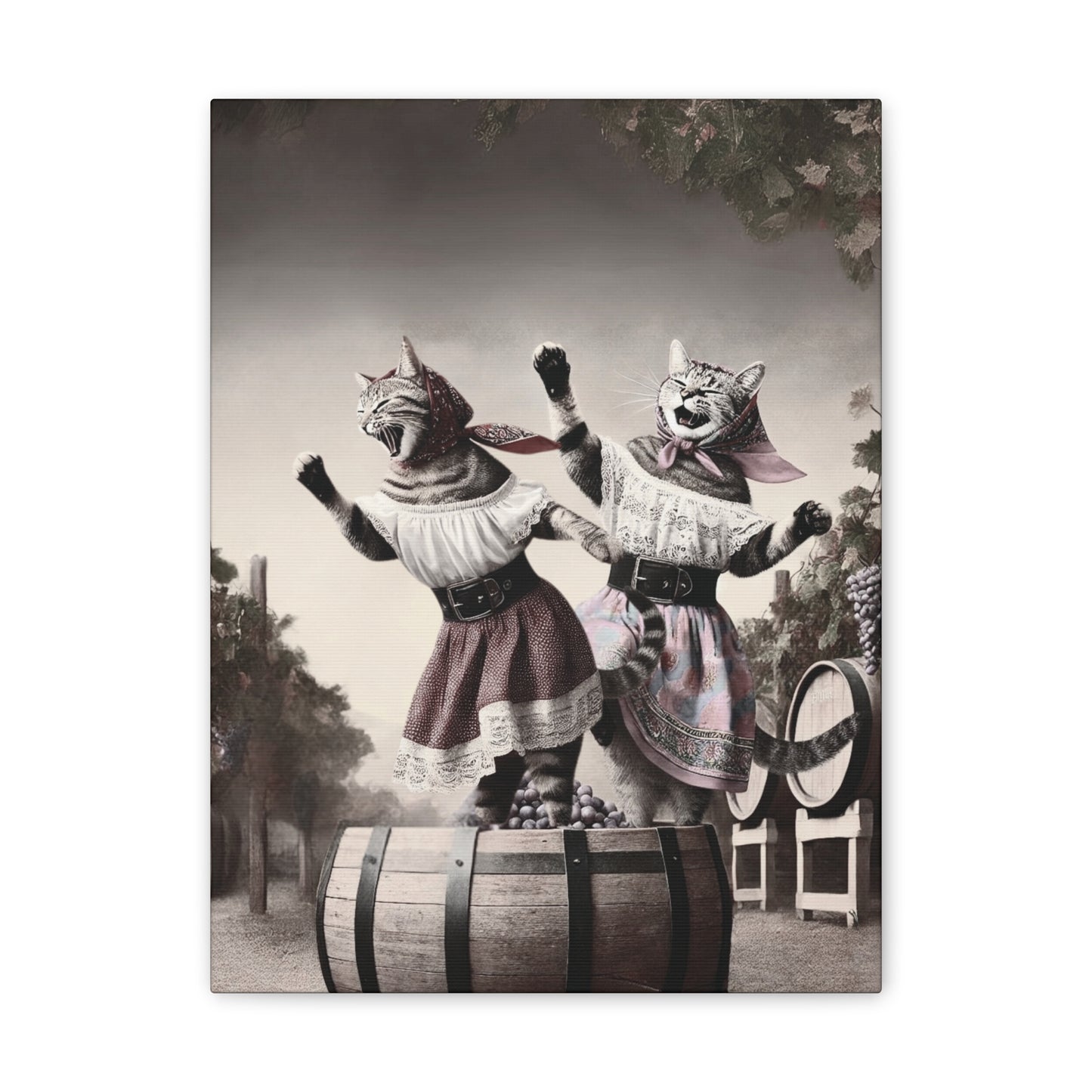 Babushka Cat Grape Stomps in Italy Kitschy Wall Art, Nostalgic TV Canvas Art