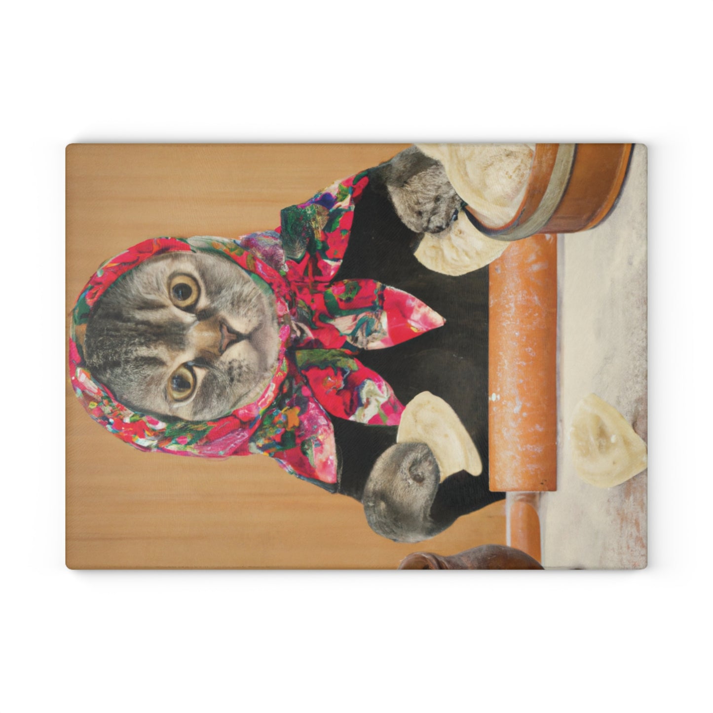 Babushka Pierogi Cat Glass Glass Cutting Board; Two Sizes Available