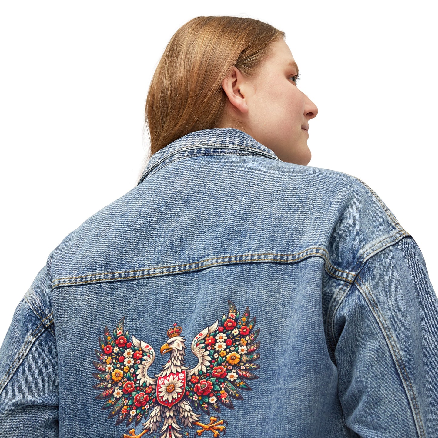 Polish Folk Art Eagle Women's Denim Jacket Wycinanki Pattern