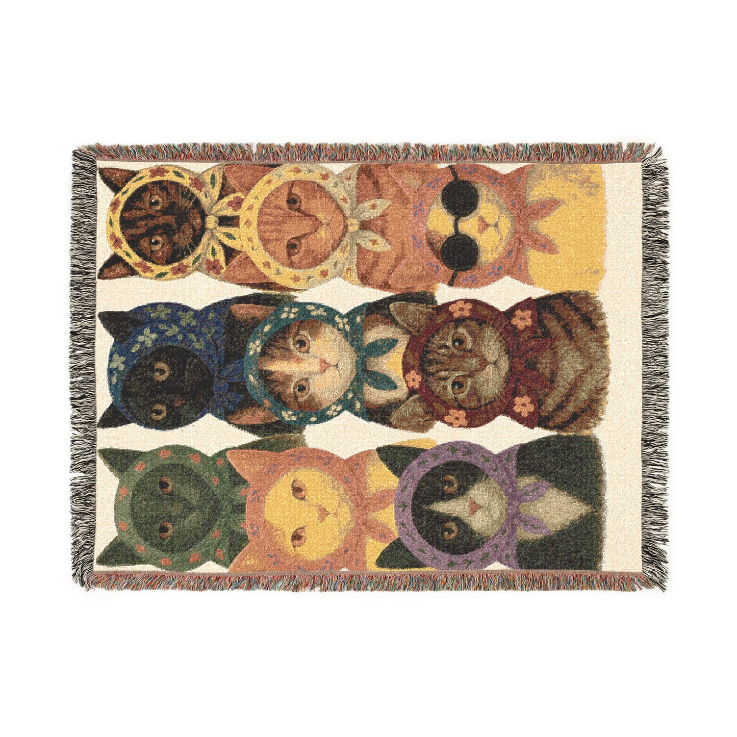 Babushka Cat Varieties, Kitschy Cat Breeds Woven Blanket - Home Decor