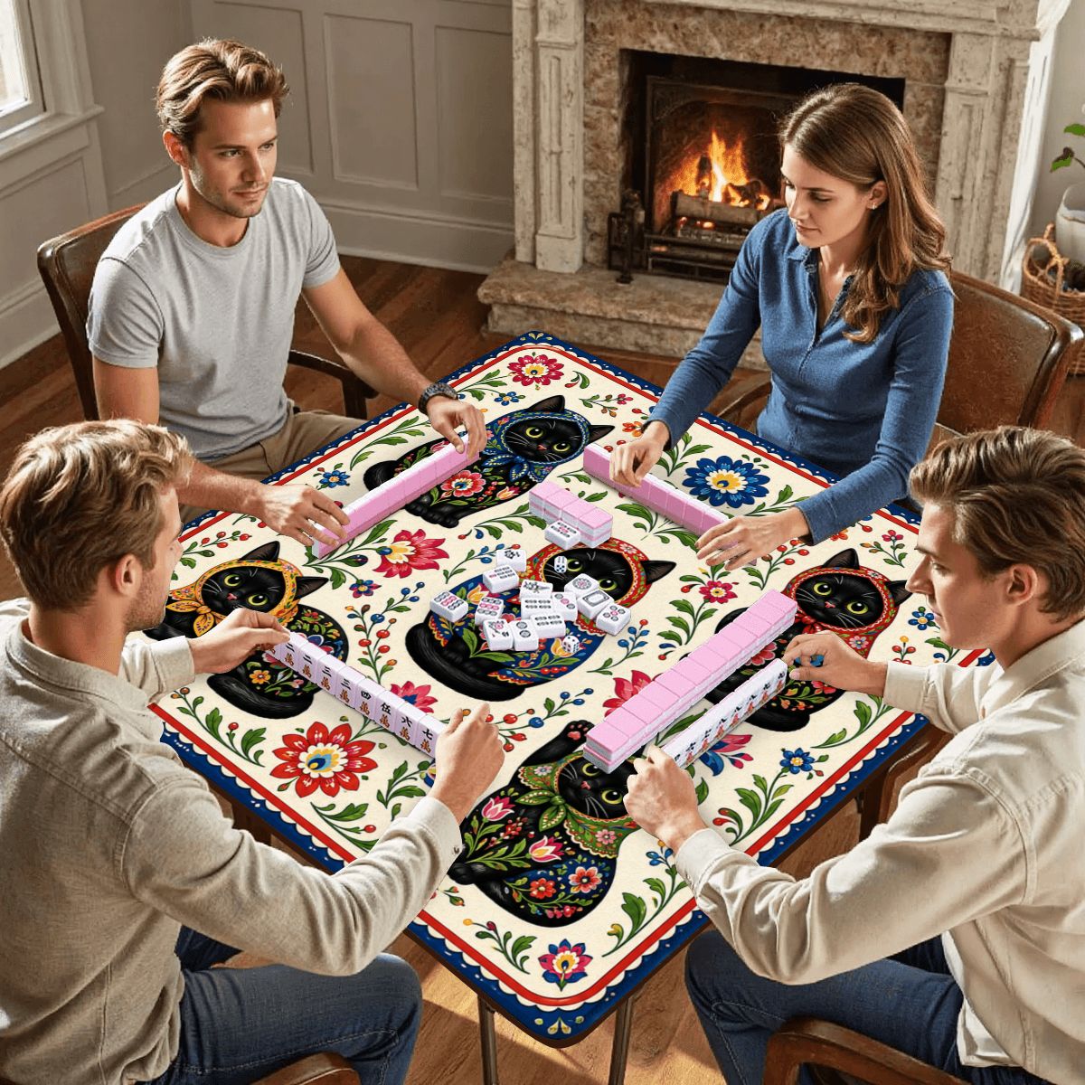 Babushka Black Cat Mahjong Mat 33"x33" (Ship Rolled up)