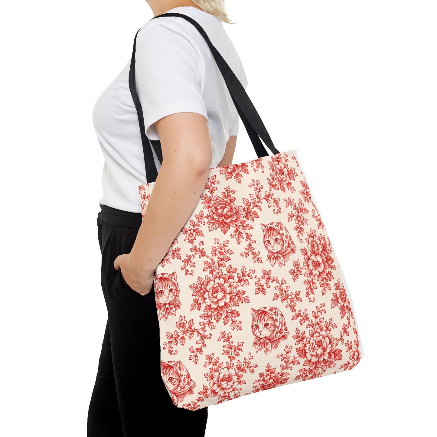 Babushka Cat Red Toile Reusable Tote