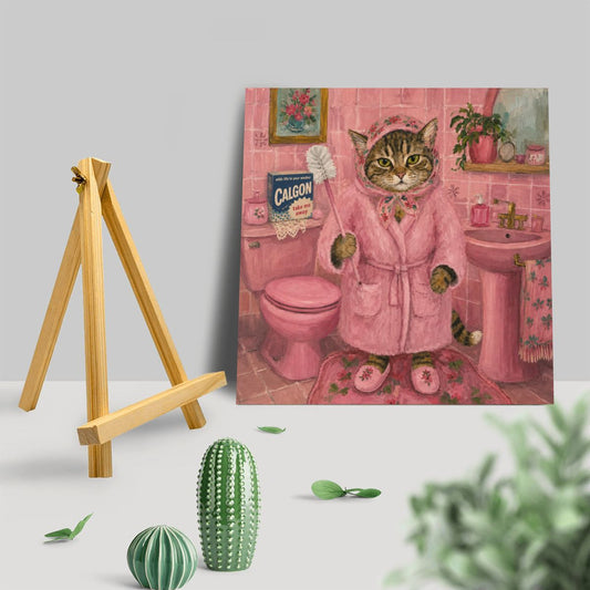 Babushka Cat Pretty in Pink Bathroom Mini Easel Art