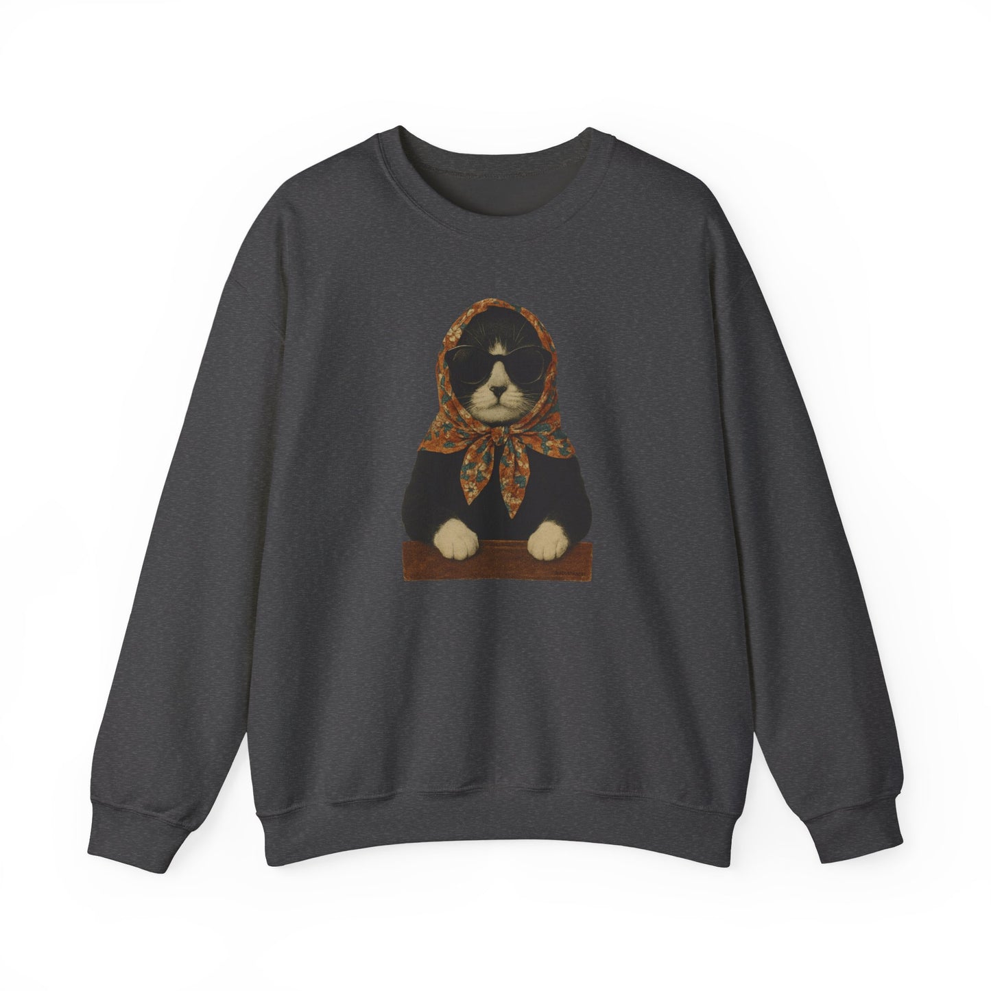 Babushka Cat, Tuxedo Cat Sweatshirt - Unisex Crewneck Pullover with Polish Cat Print