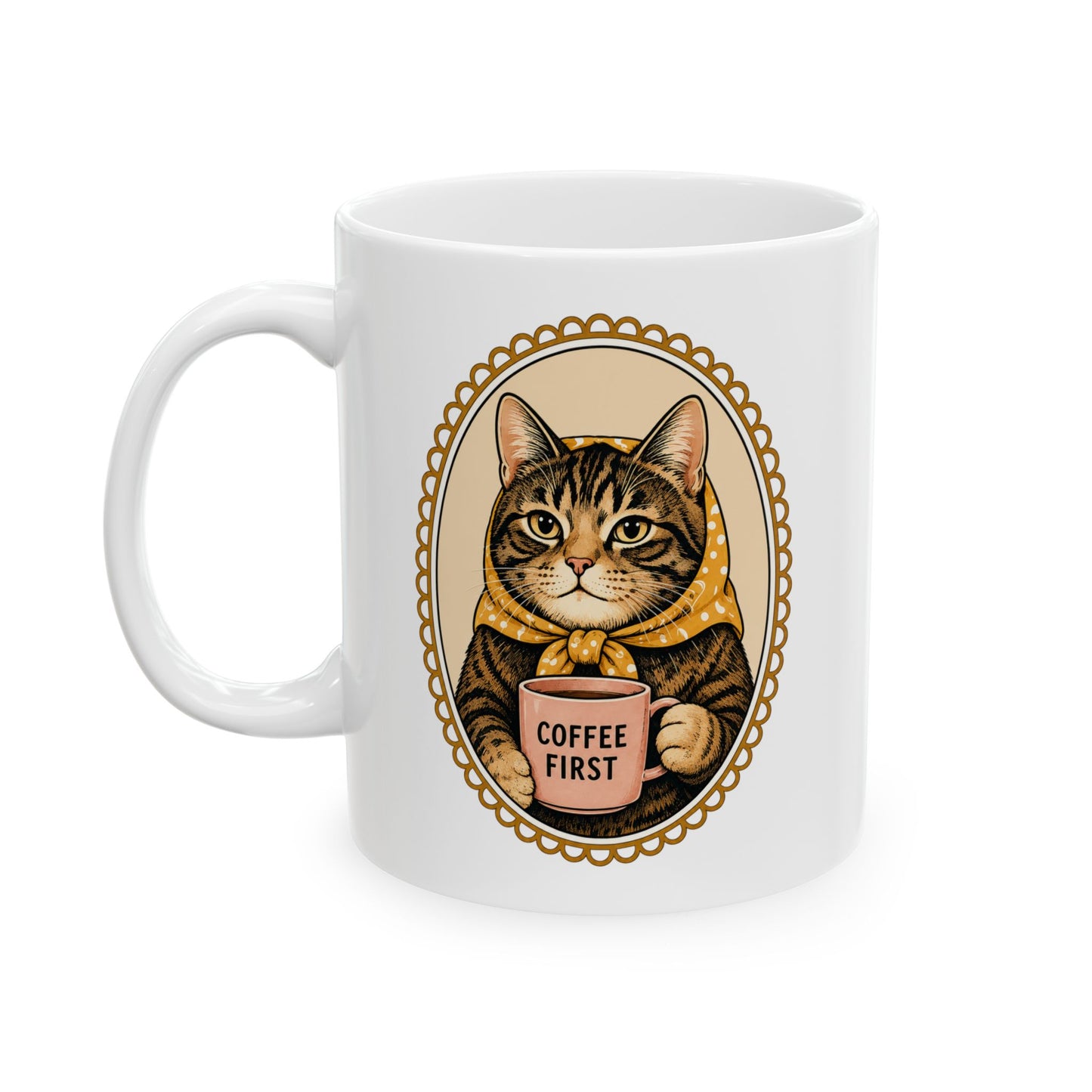 Babushka Cat Coffee First Cameo Mug 11 oz or 15 oz