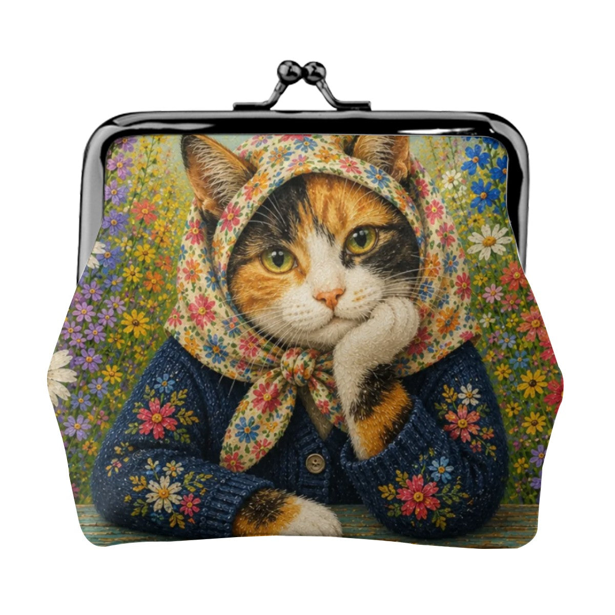 Babushka Cat Calico Gardens Kiss Lock Coin Purse