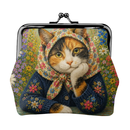 Babushka Cat Calico Gardens Kiss Lock Coin Purse