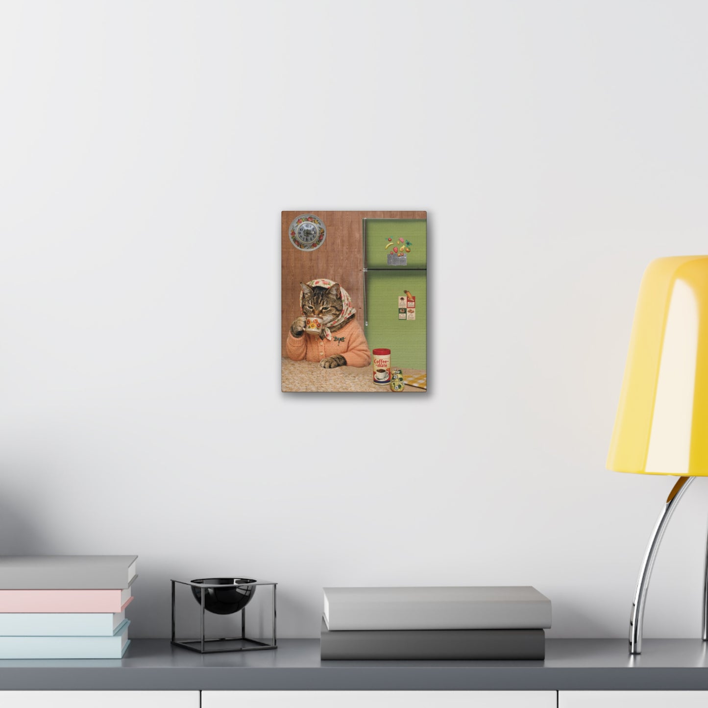 Babushka Cat Enjoys Coffee Canvas Wall Art