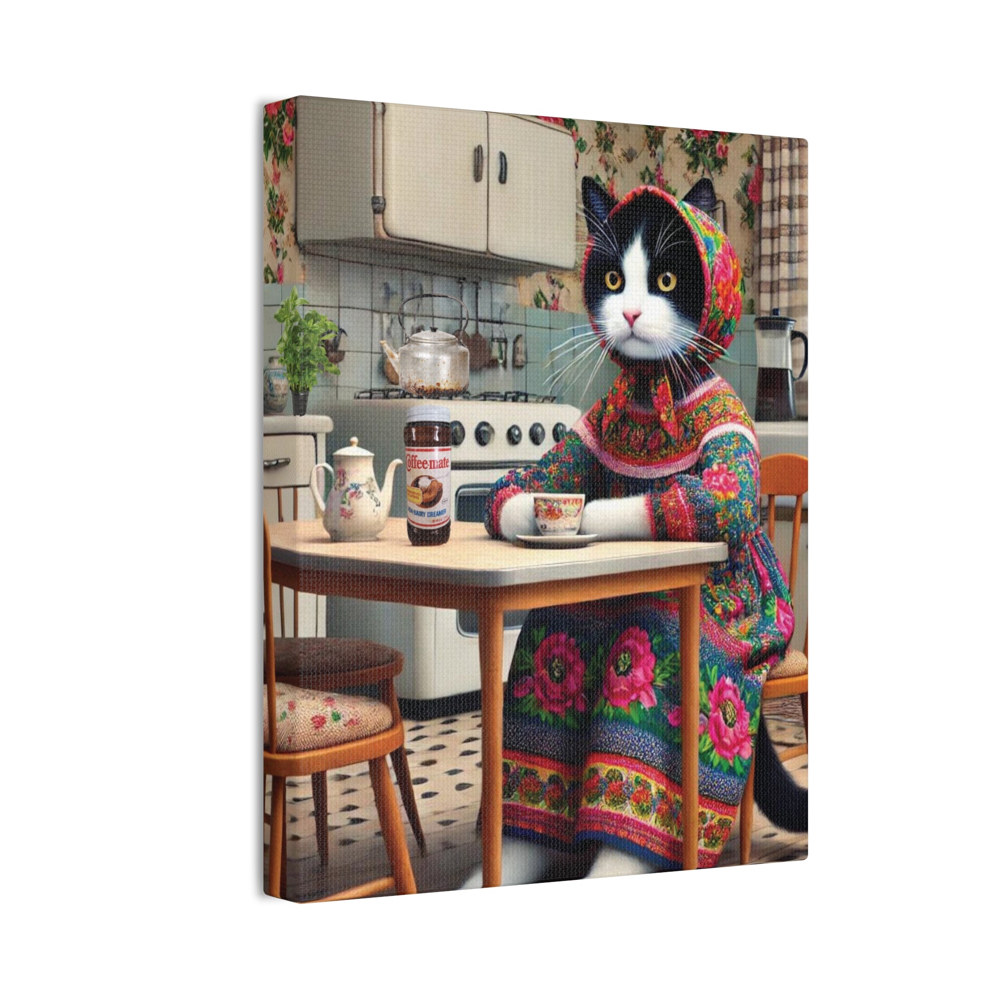 Tuxedo cat, cat, spice, pumpkin, coffee, teas, tea kitchen art, kitchen decor, outlet CANVAS, fowler, turmeric