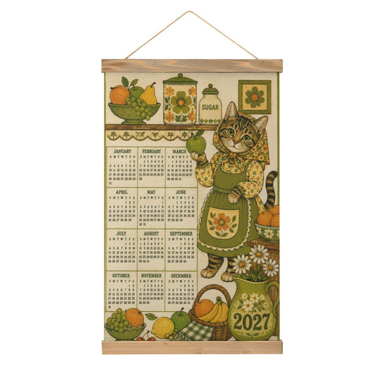 Babushka Cat 2027 Retro Themed Coated Linen Canvas Hanging Wall Calendar