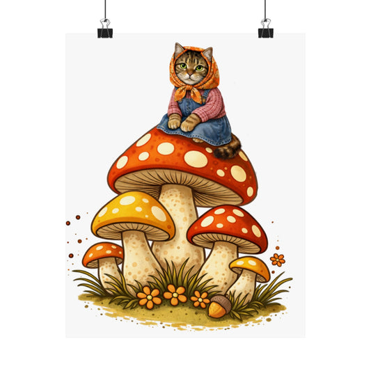 Babushka Cat Merry Mushroom Matte Vertical Poster