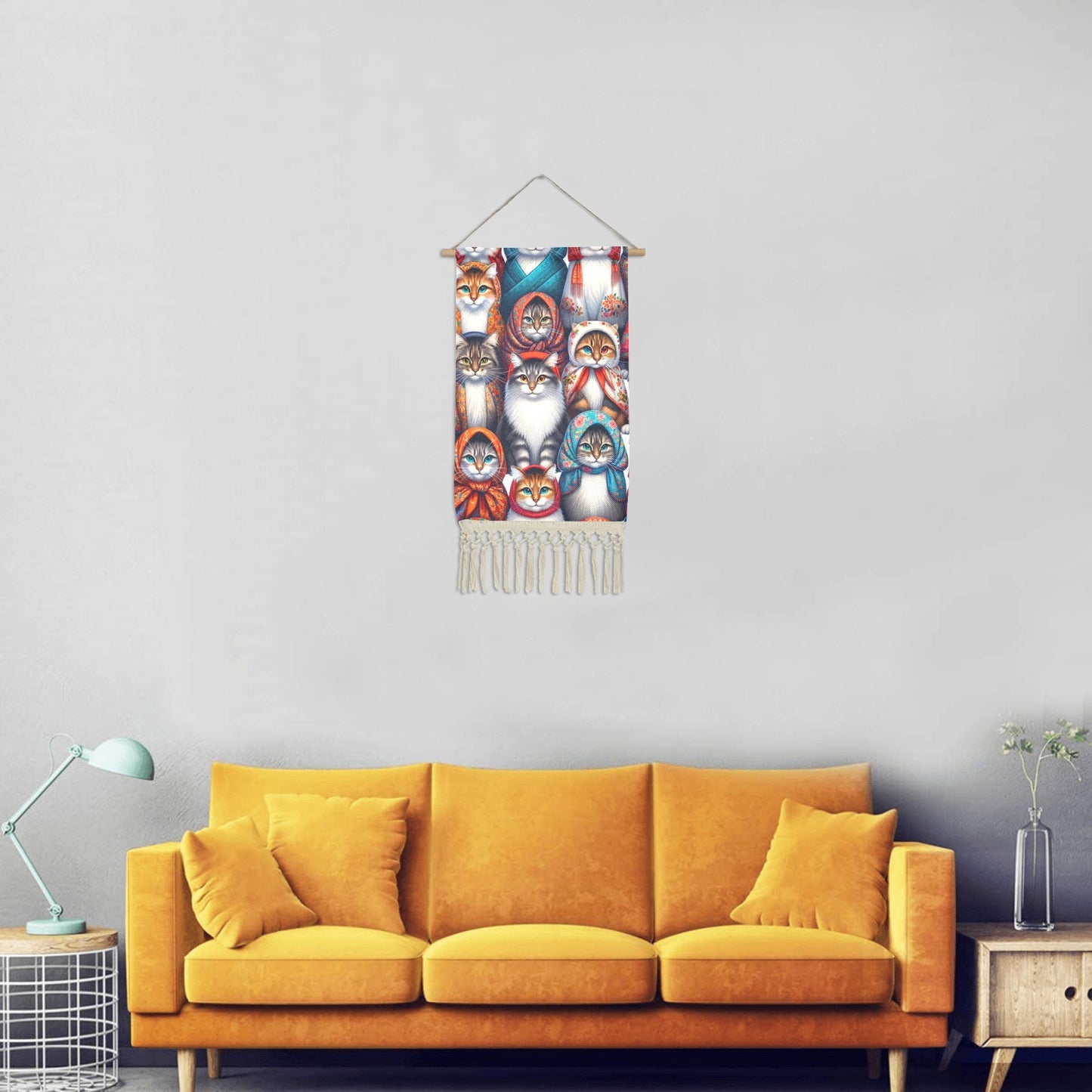 Babushka Cats Fringed Linen Hanging Art