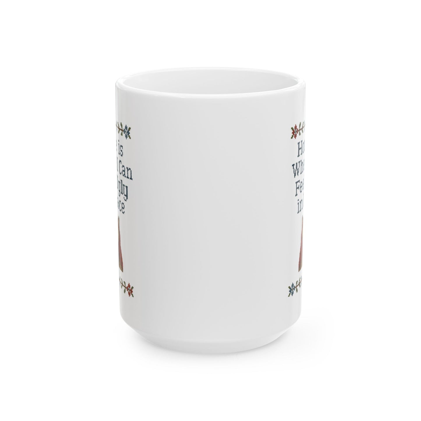Babushka Cat Mug, Funny Cat Ceramic Mug - Faux Cross Stitch Look