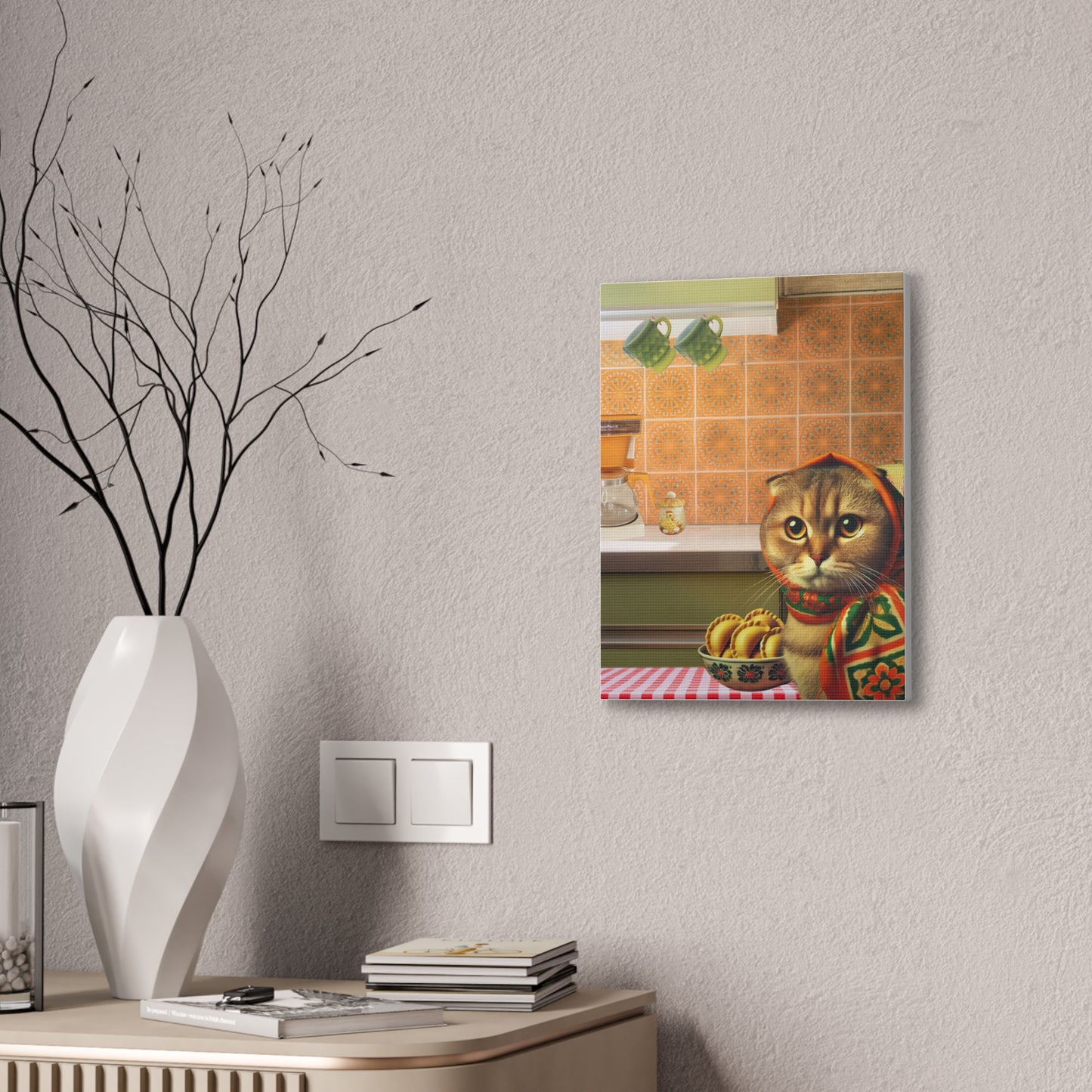 Babushka Cat Visits with Pierogi, Kitschy Wall Art, Polish Gifts, Polish Cat Canvas Art for Polish Cat Lovers