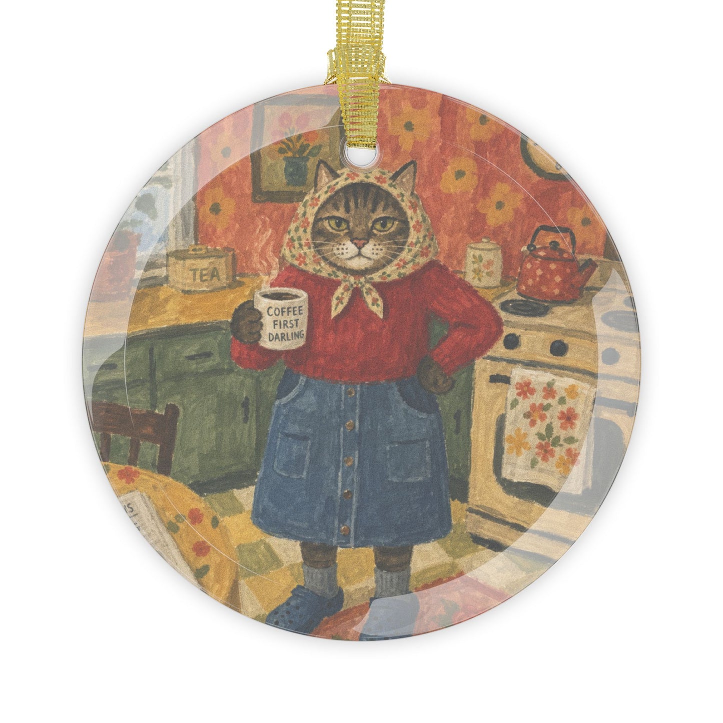 Babushka Cat Kitchen Scene Glass Ornament