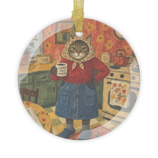 Babushka Cat Kitchen Scene Glass Ornament