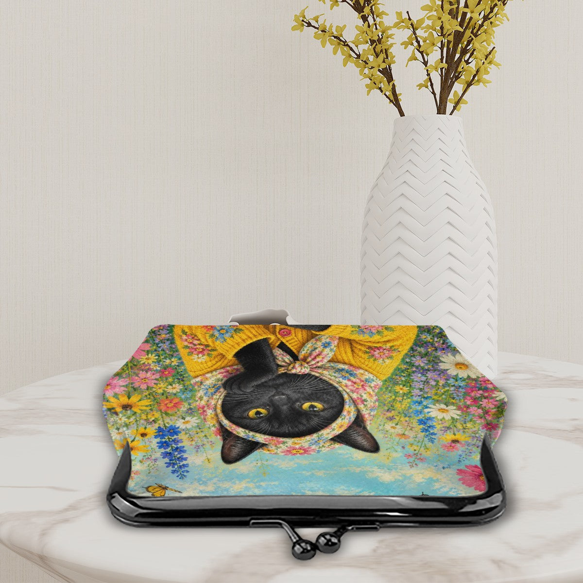 Babushka Cat-Black Cat Flowers and Happy Thoughts Kiss Lock Coin Purse