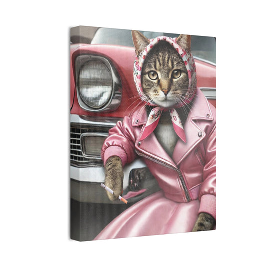 50's Cat, Pink Lady,  Babushka Cat Kitschy Cat Wall Art,  Canvas Wall Art, Nostalgic 50's Art