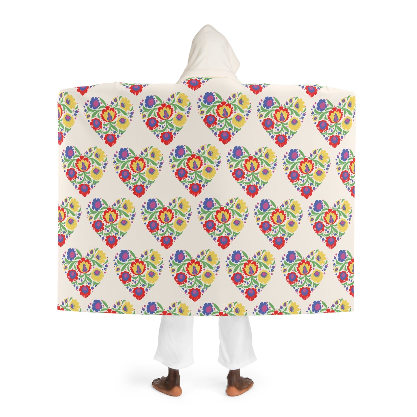 Cozy Cottage Style  Hooded Sherpa Fleece Blanket Floral Heart Wycinanki Design, Polish Folk Art