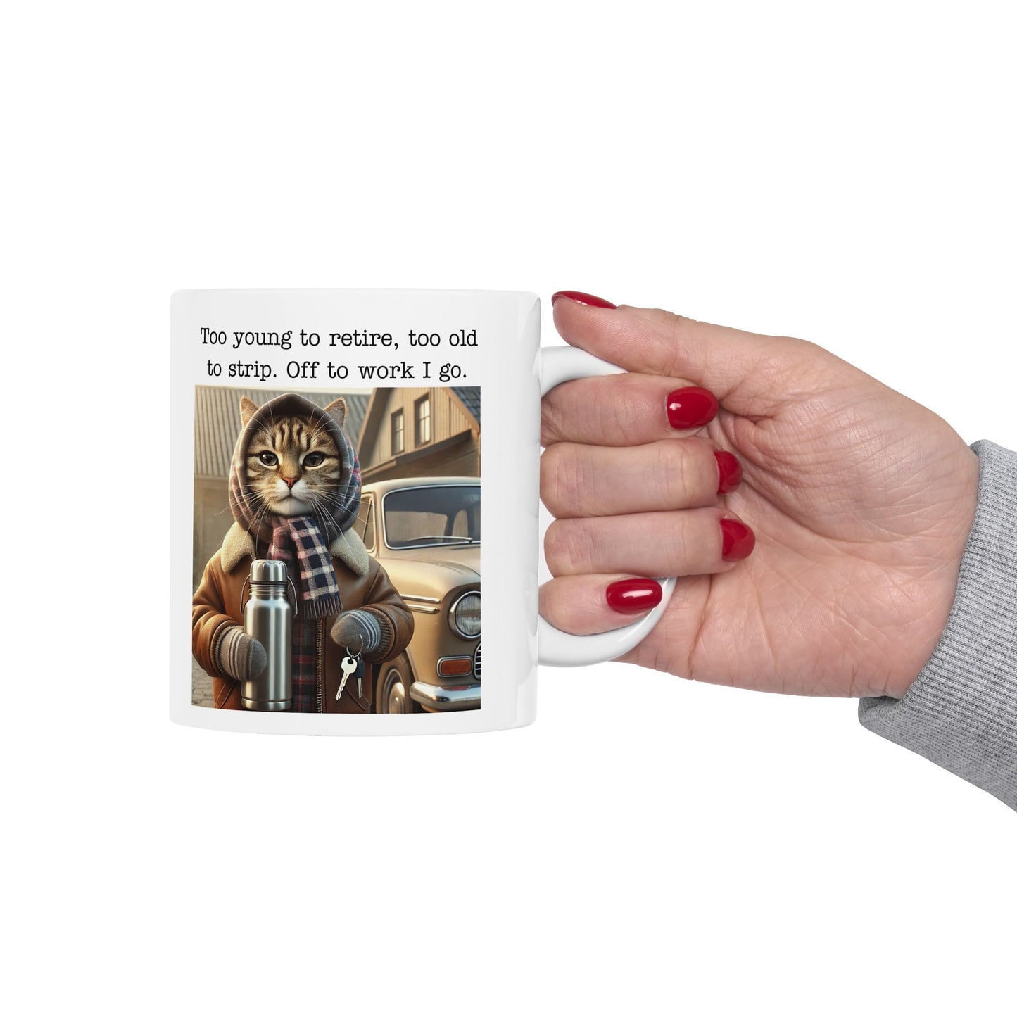 Babushka Cat Goes to Work Funny Kitschy Ceramic Mug