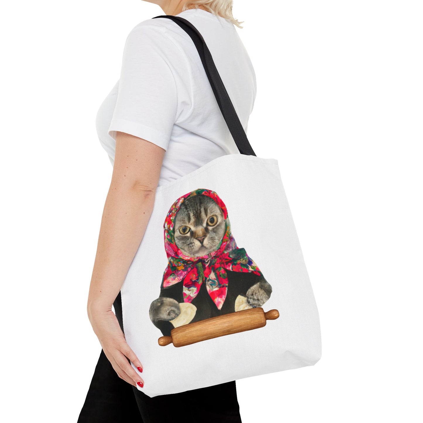 Cat Tote Bag with Babushka Cat and Pierogi Design