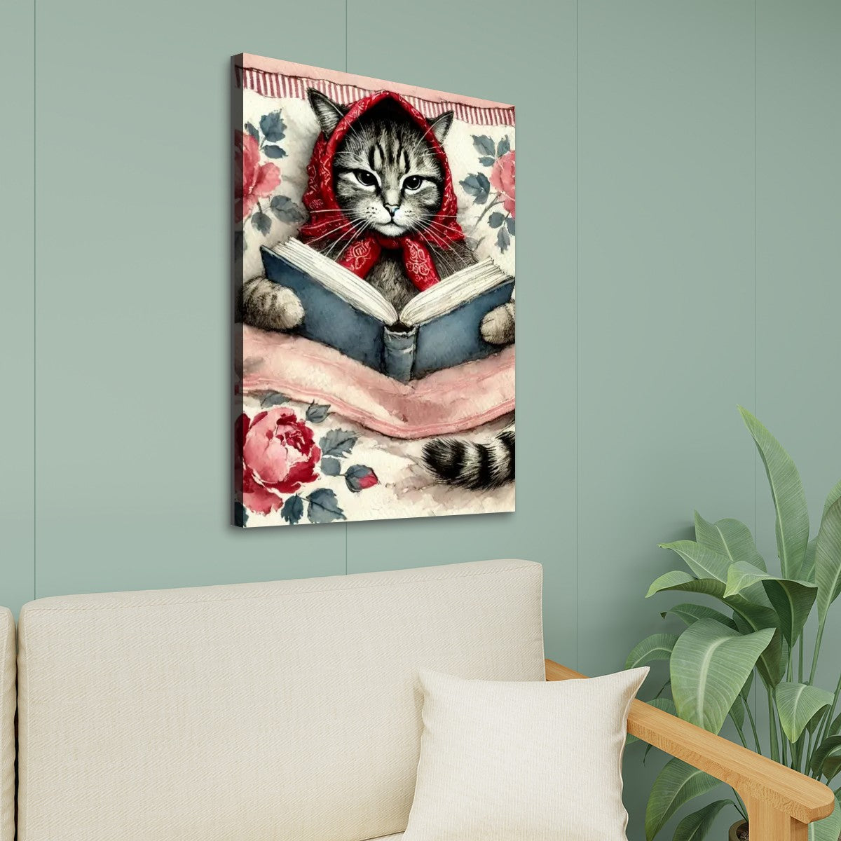 Babushka Cat Reads Canvas Print Wall Art