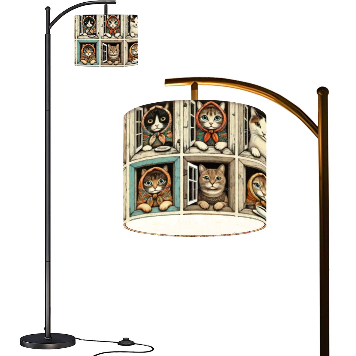 Babushka Cats in Windows Arc Floor Lamp (Made in USA)