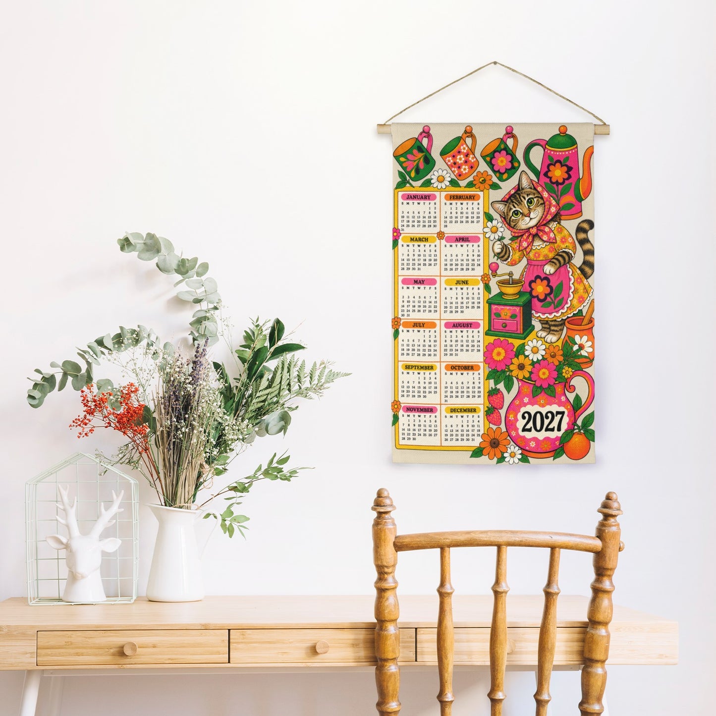 Babushka Cat 2027 VIntage Pink Kitsch Fabric Wall Calendar