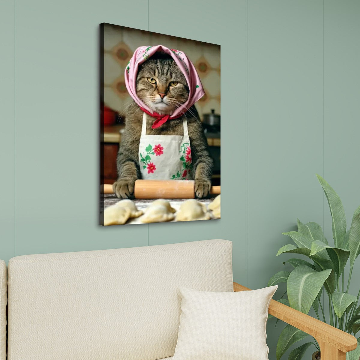 Babushka Cat Rolls Dough Canvas Print Wall Art