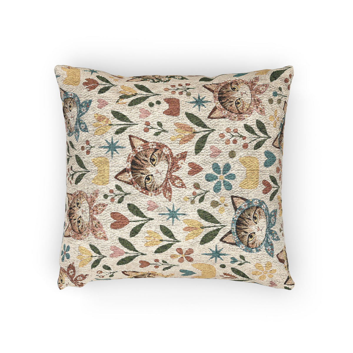 Babushka Cat Heads and Flowers Woven Pillow