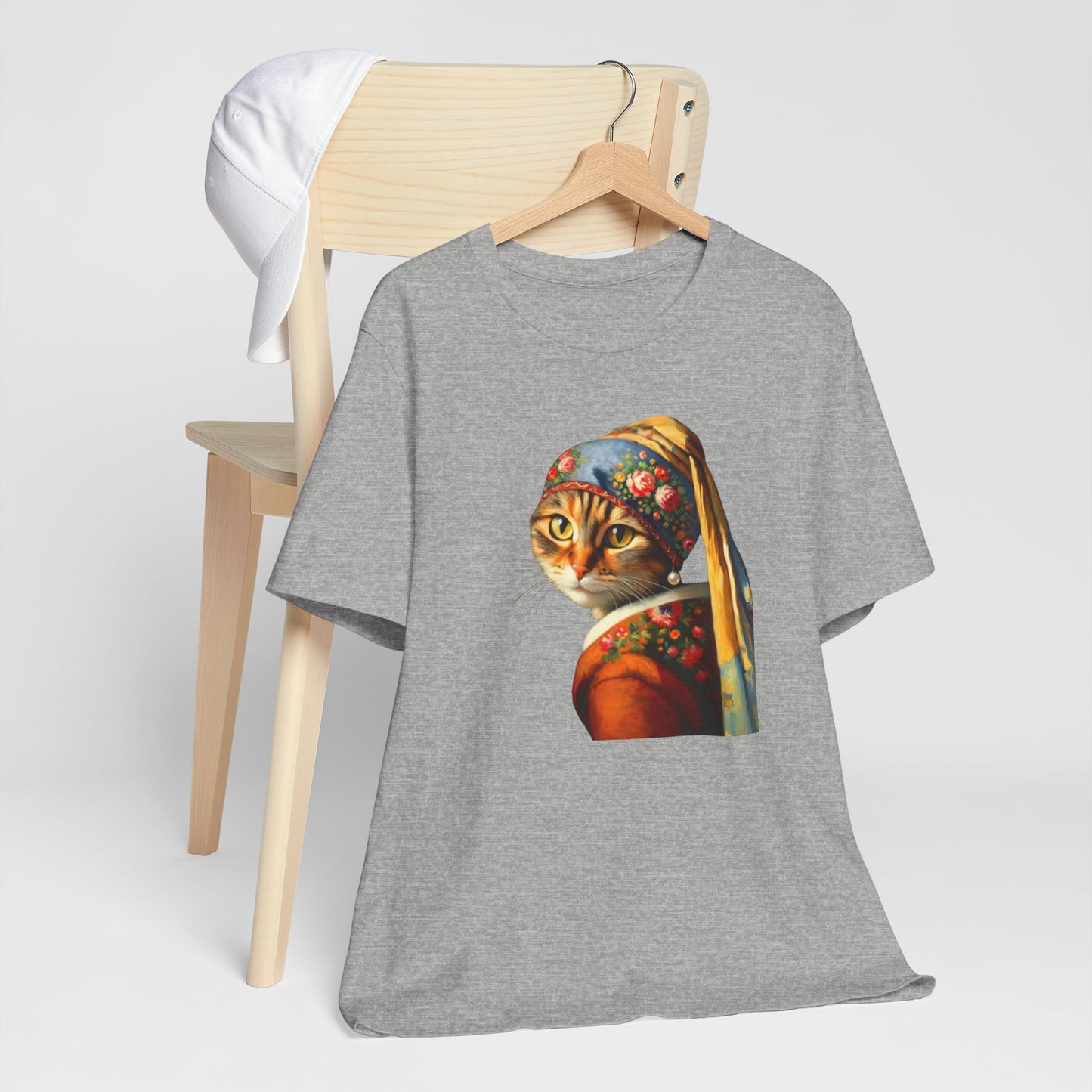 Babushka Cat With a Pearl Earring, Cat Art Parody Unisex Jersey Short Sleeve Tee for Cat Lovers