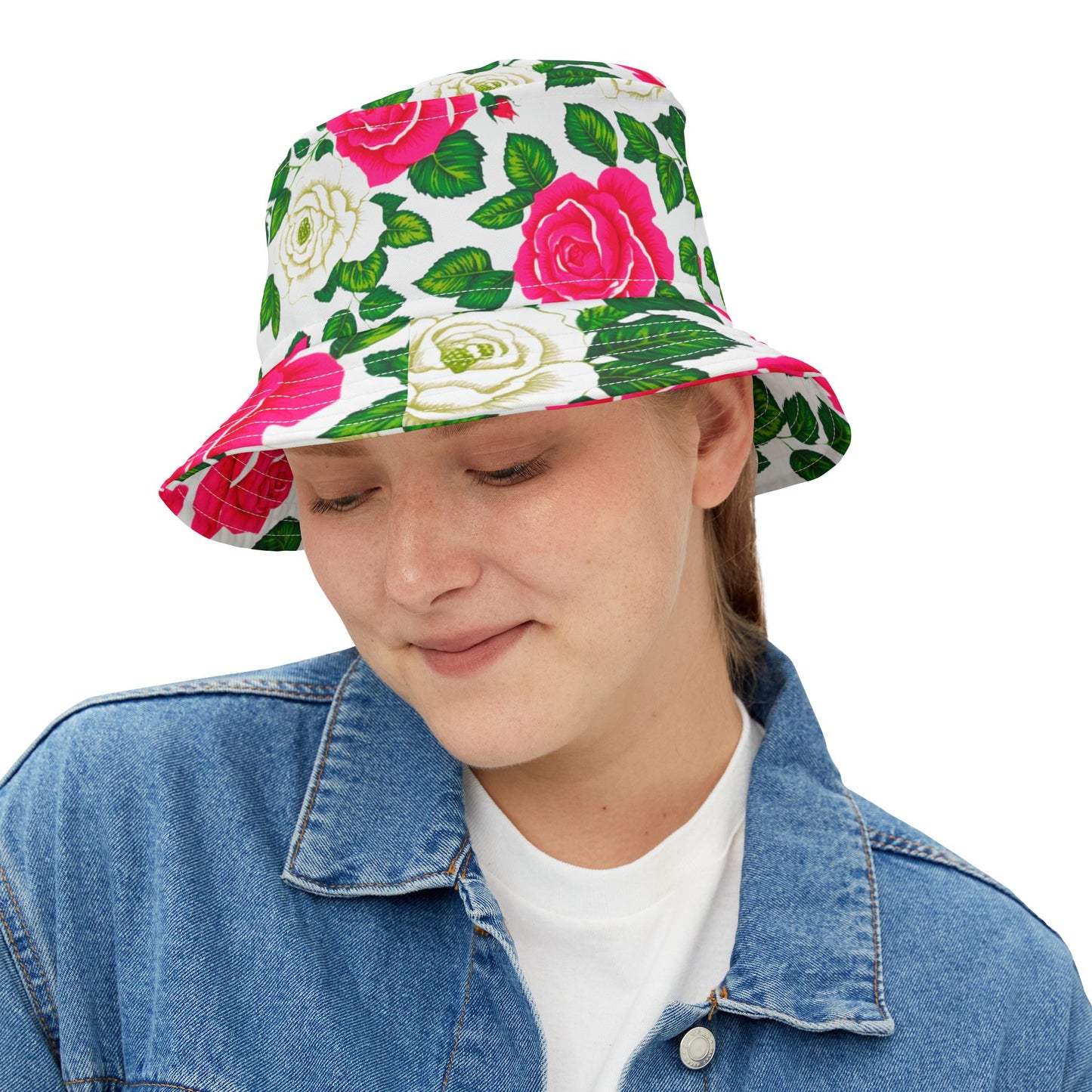 Pink and Green Cabbage Roses Floral Bucket Hat (AOP)